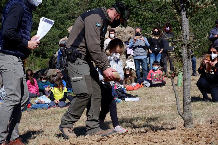 Un agent rural i una nena dipositen la pedra als peus de l'arbre