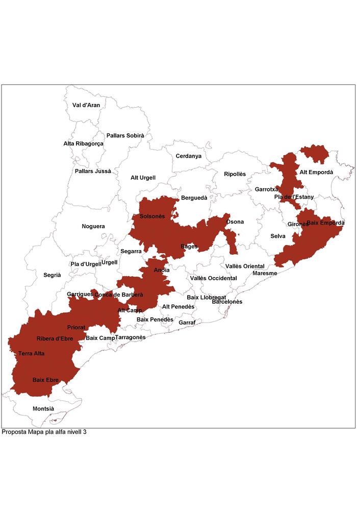 mapa dels municipis i comarquesen Pla Alfa 3 a partir de dijous