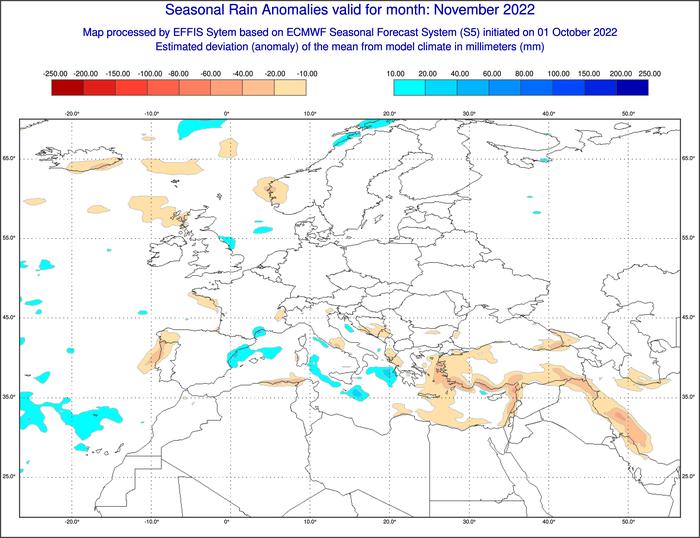 Mapa Europe Seasonal Anomalies Pluja Novembre 2022