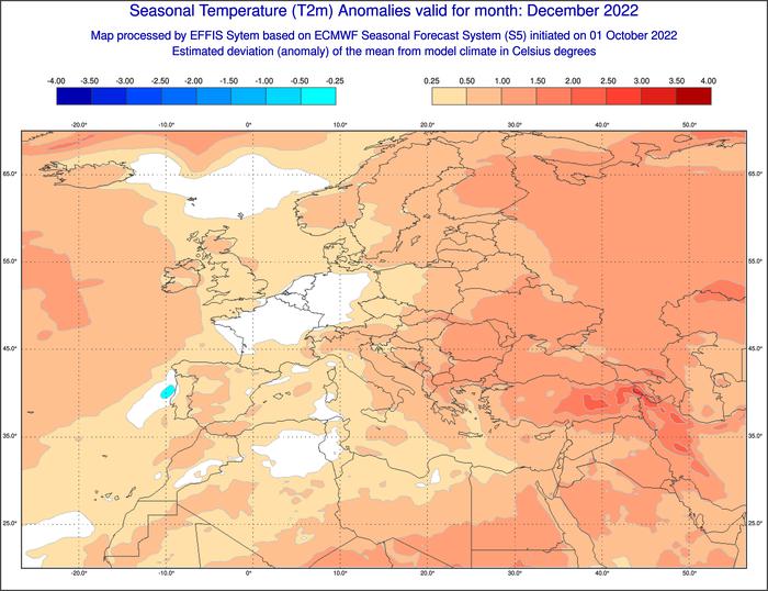 Mapa Europe Seasonal Anomalies Temperatura Desembre 2022